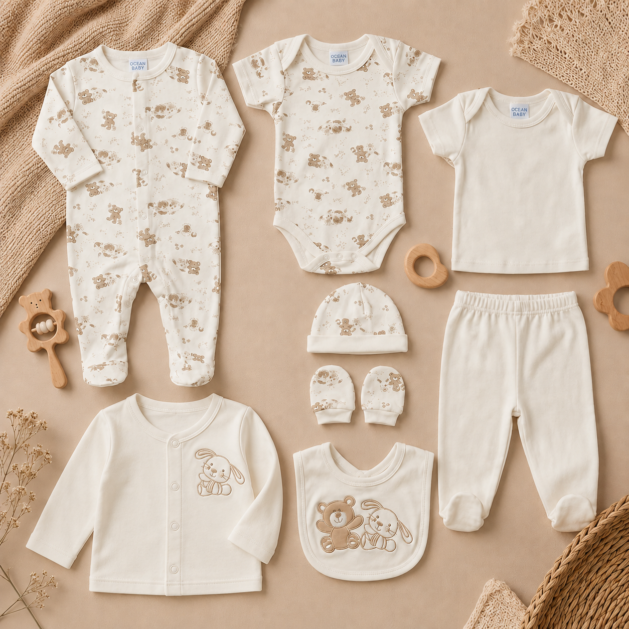 Primera muda 8 piezas estampada unisex para bebé