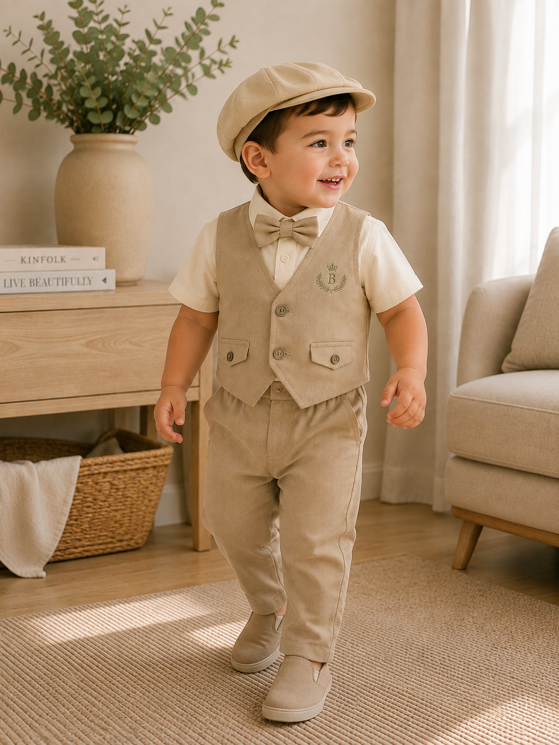 Conjunto formal con chaleco y boina en lino para bebé