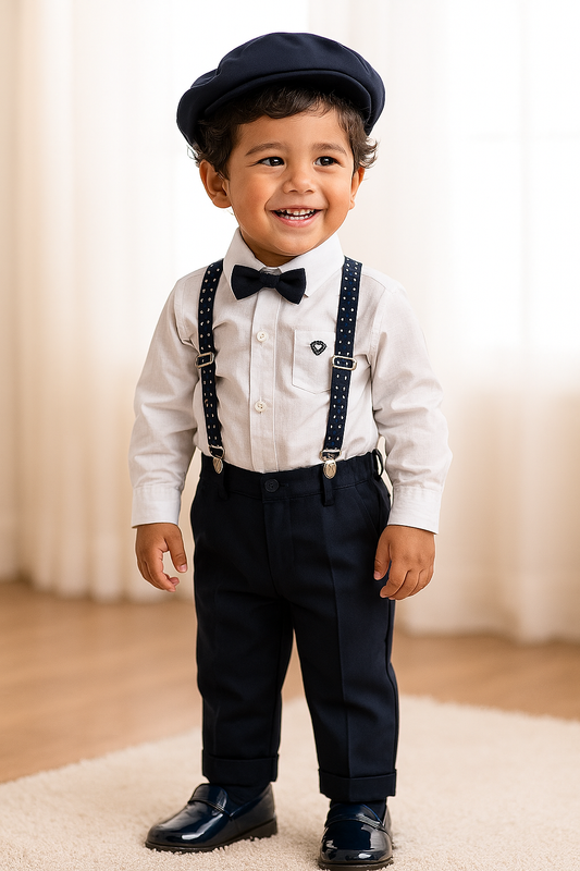 Conjunto formal de pantalón y tiranta con boina para niño