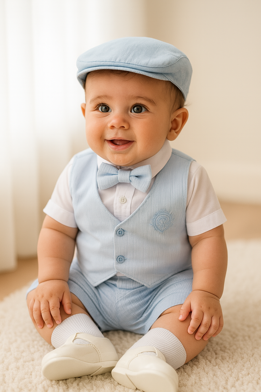 Conjunto formal azul claro en short con chaleco para niño