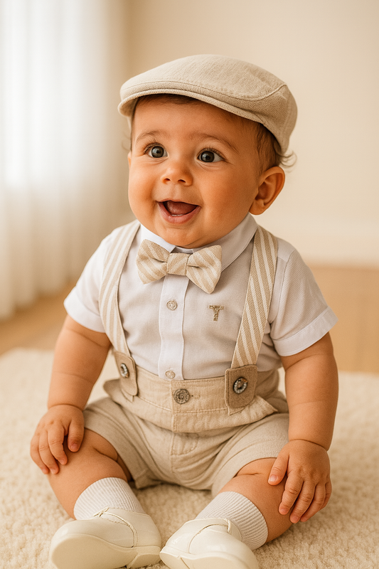 Conjunto formal en short de lino con tirantes para niño