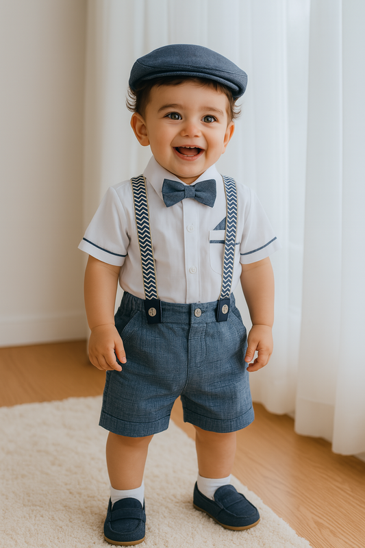 Conjunto formal en short azul jaspe con tirantes para niño