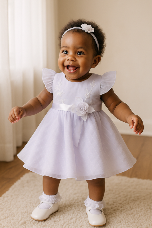Vestido de bautizo blanco con diadema para niña