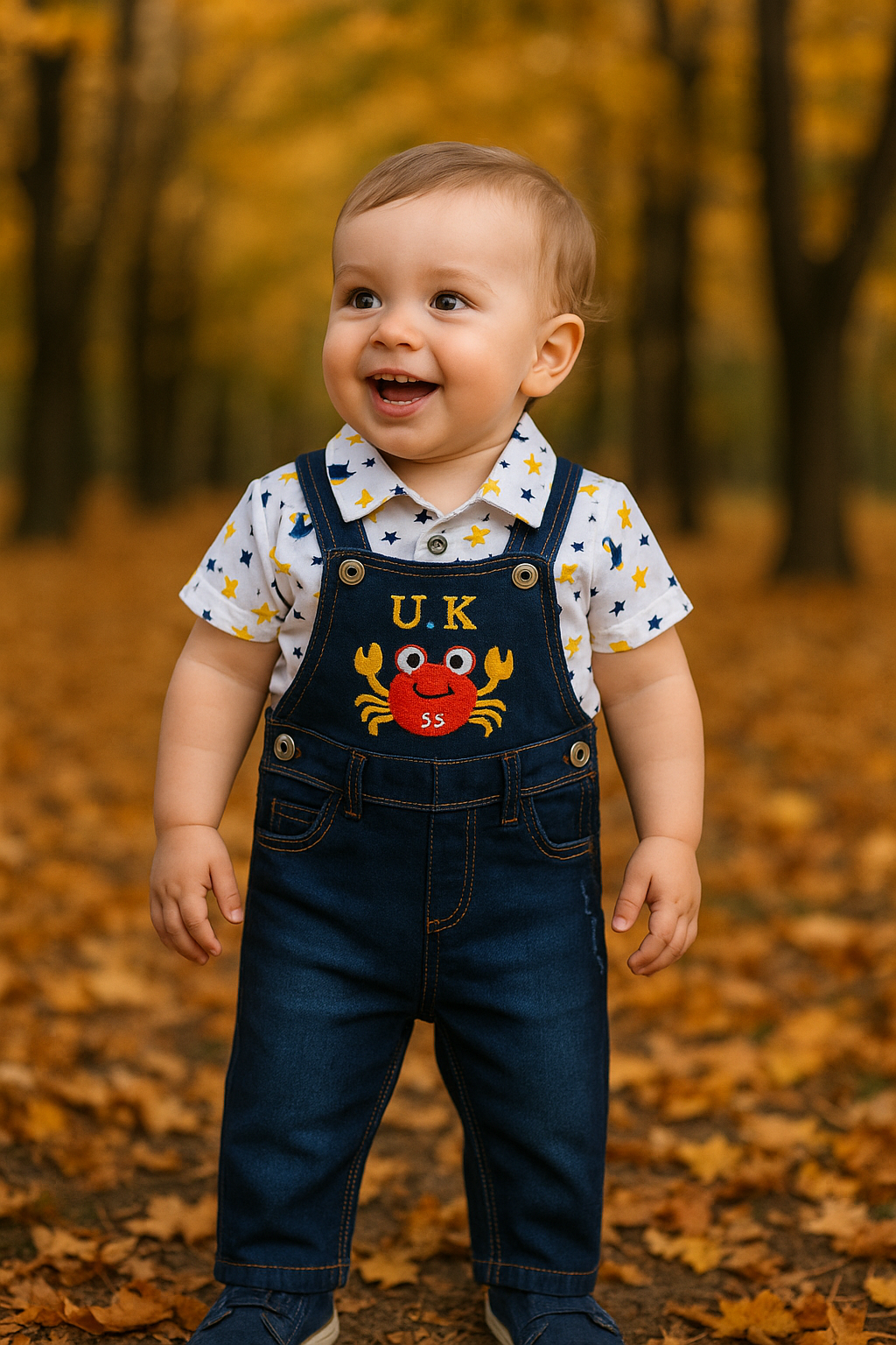 Overol en jean con cangrejito y camisa para niño