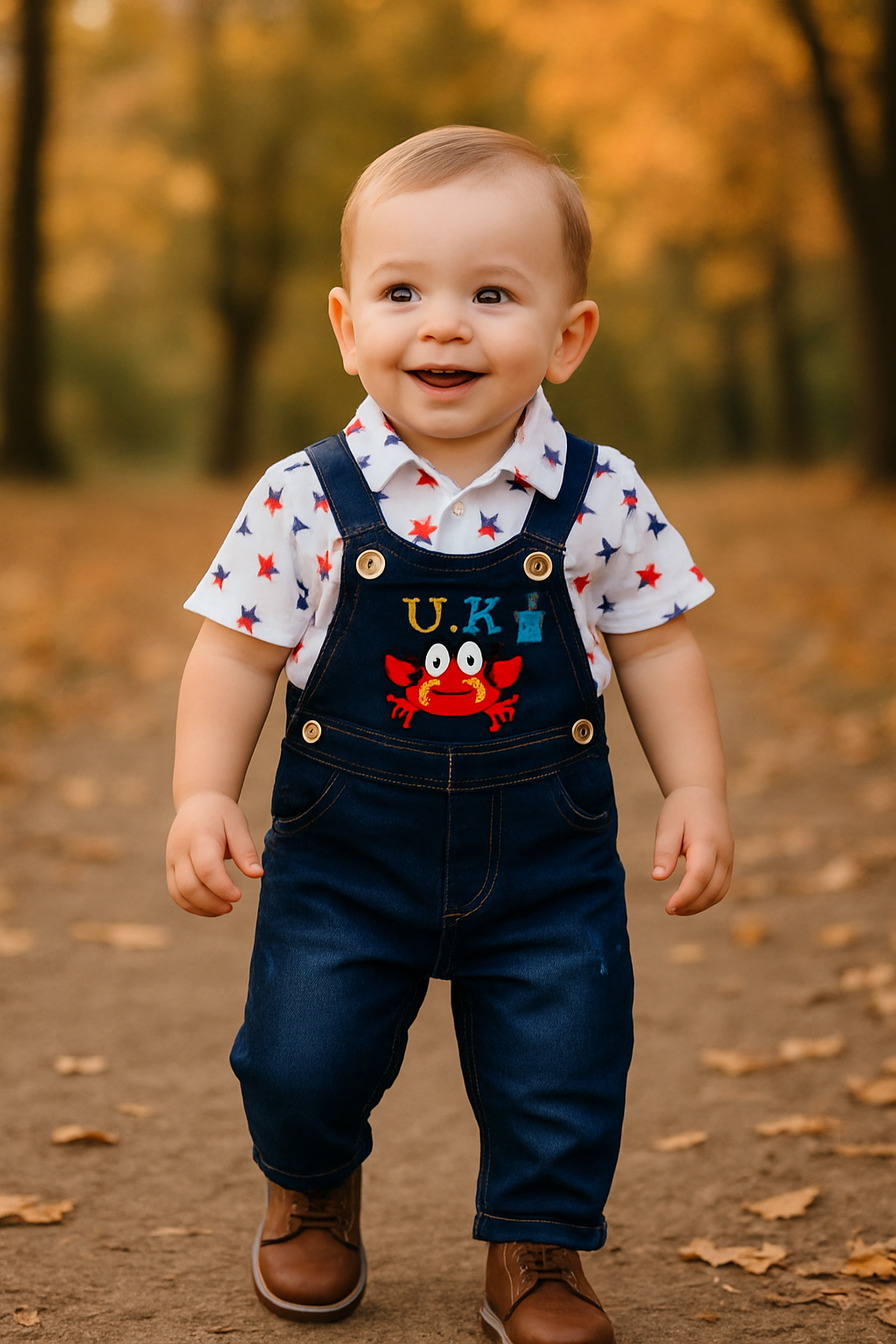 Overol en jean con cangrejito y camisa para niño