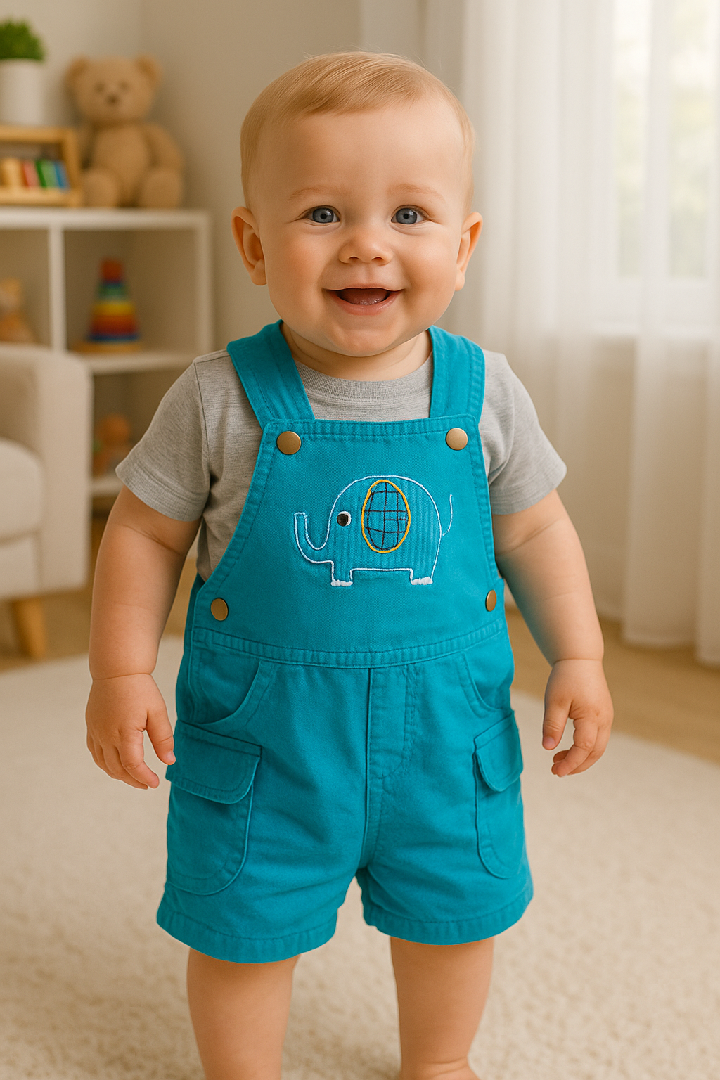 Overol short en dril con elefante para bebé