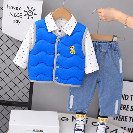 Conjunto con chaleco impermeable, camisa y jean para niño