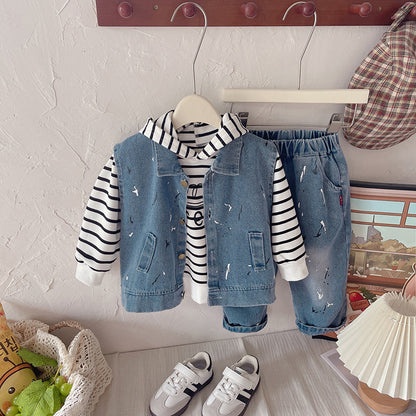 Conjunto 3 piezas con chaleco en jean para niño