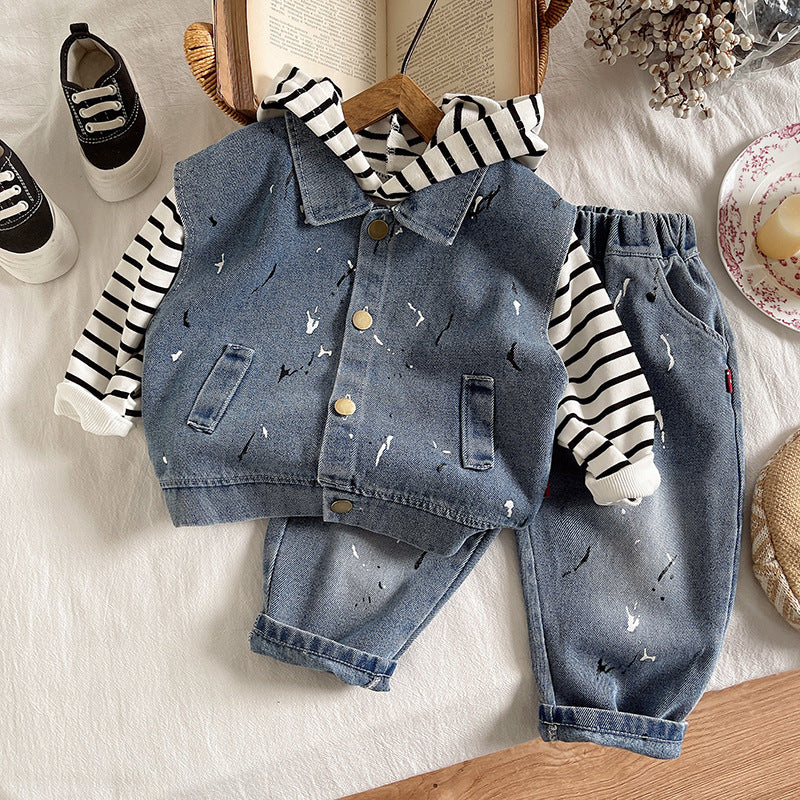 Conjunto 3 piezas con chaleco en jean para niño