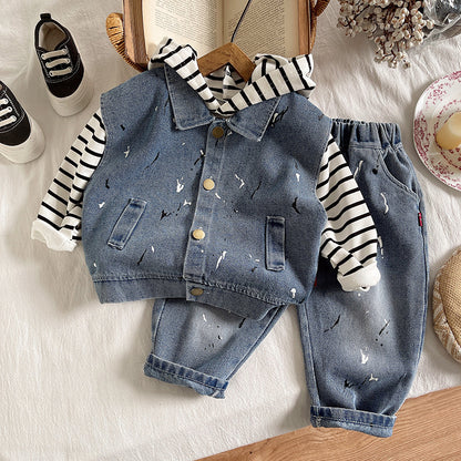 Conjunto 3 piezas con chaleco en jean para niño