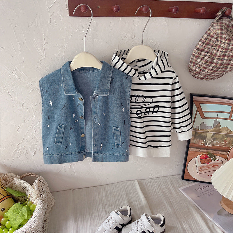 Conjunto 3 piezas con chaleco en jean para niño