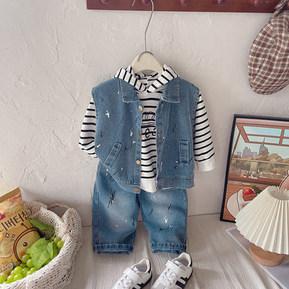Conjunto 3 piezas con chaleco en jean para niño