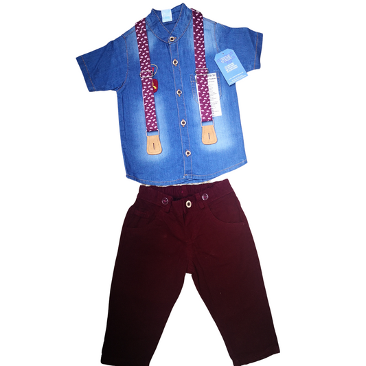 Conjunto con tirantes camisa en jean cuello neru para niño