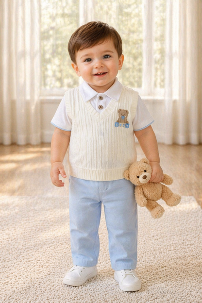 Conjunto con chaleco tejido y body camisero para bebé