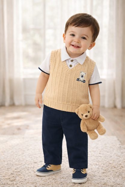 Conjunto con chaleco tejido y body camisero para bebé