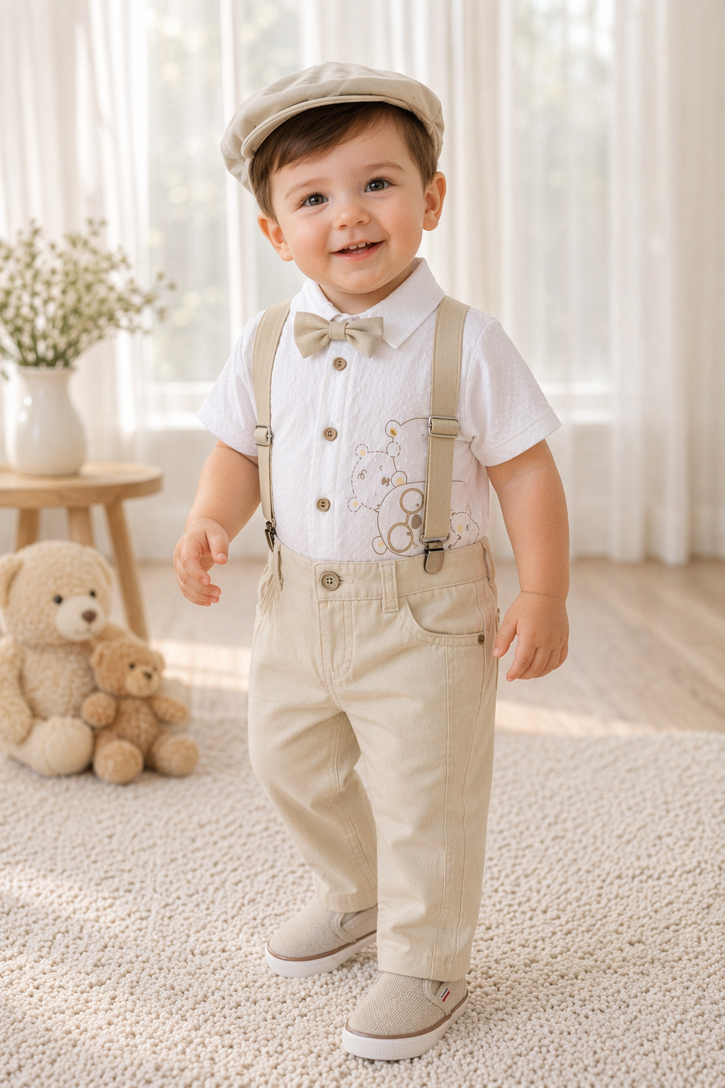 Conjunto formal de body camisero con tirantes y boina