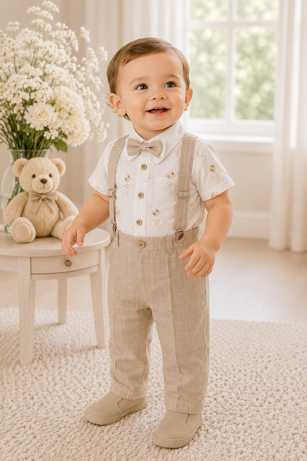 Conjunto formal camisa estampada con pantalón en lino