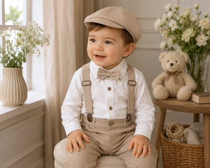 Conjunto formal de body camisero manga larga con tirantes y boina