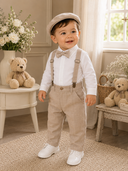 Conjunto formal de body camisero manga larga con tirantes y boina