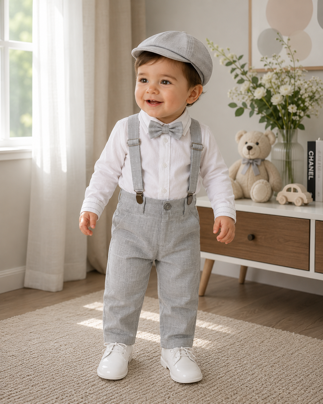 Conjunto formal de body camisero manga larga con tirantes y boina