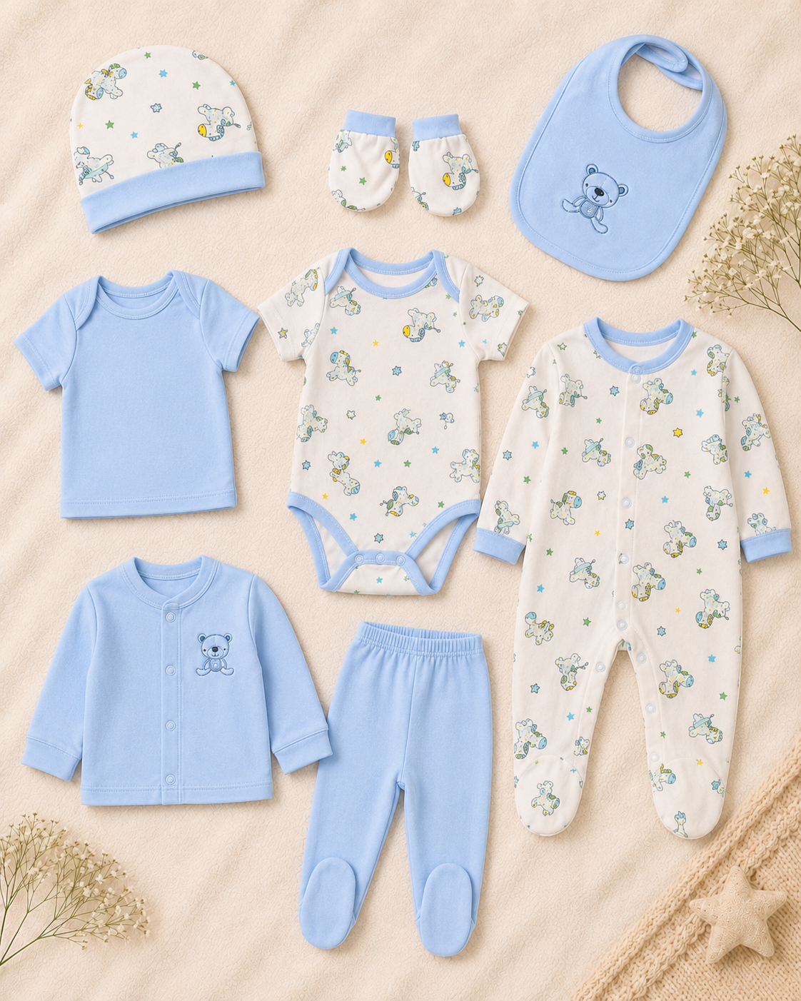Primera muda 8 piezas estampada osito azul para niño