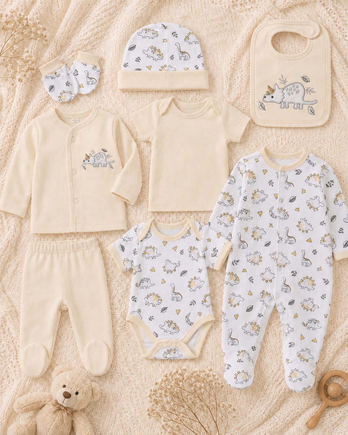 Primera muda 8 piezas estampada dinosaurio beige para bebé