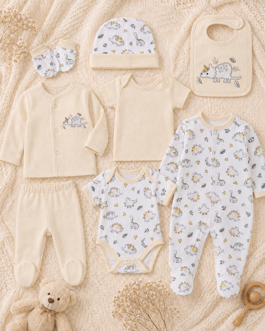 Primera muda 8 piezas estampada dinosaurio beige para bebé