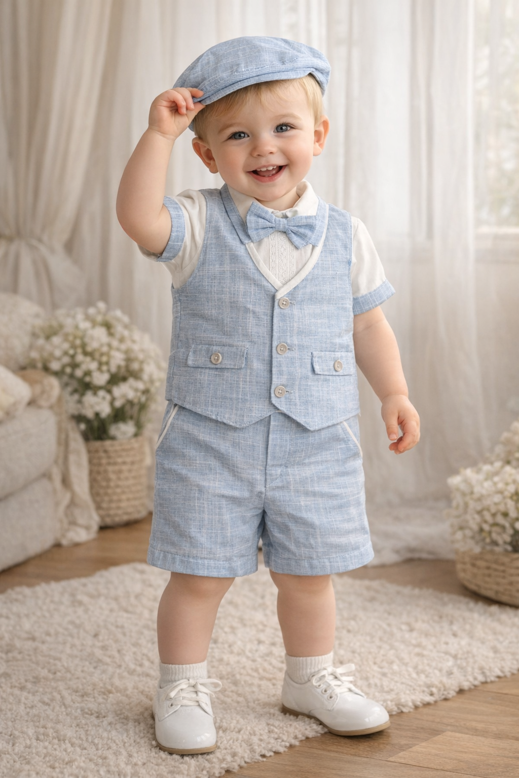 Conjunto formal verano short con chaleco y boina en lino