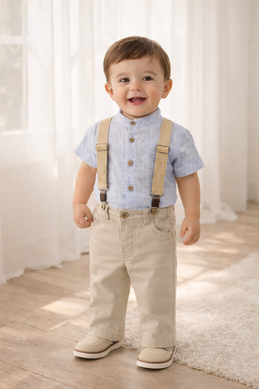 Conjunto formal tirantas y camisa cuello neru en lino