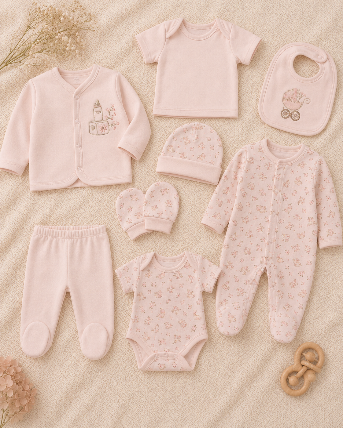 Primera muda 8 piezas estampada color durazno para niña