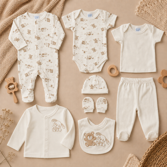 Primera muda 8 piezas estampada unisex para bebé
