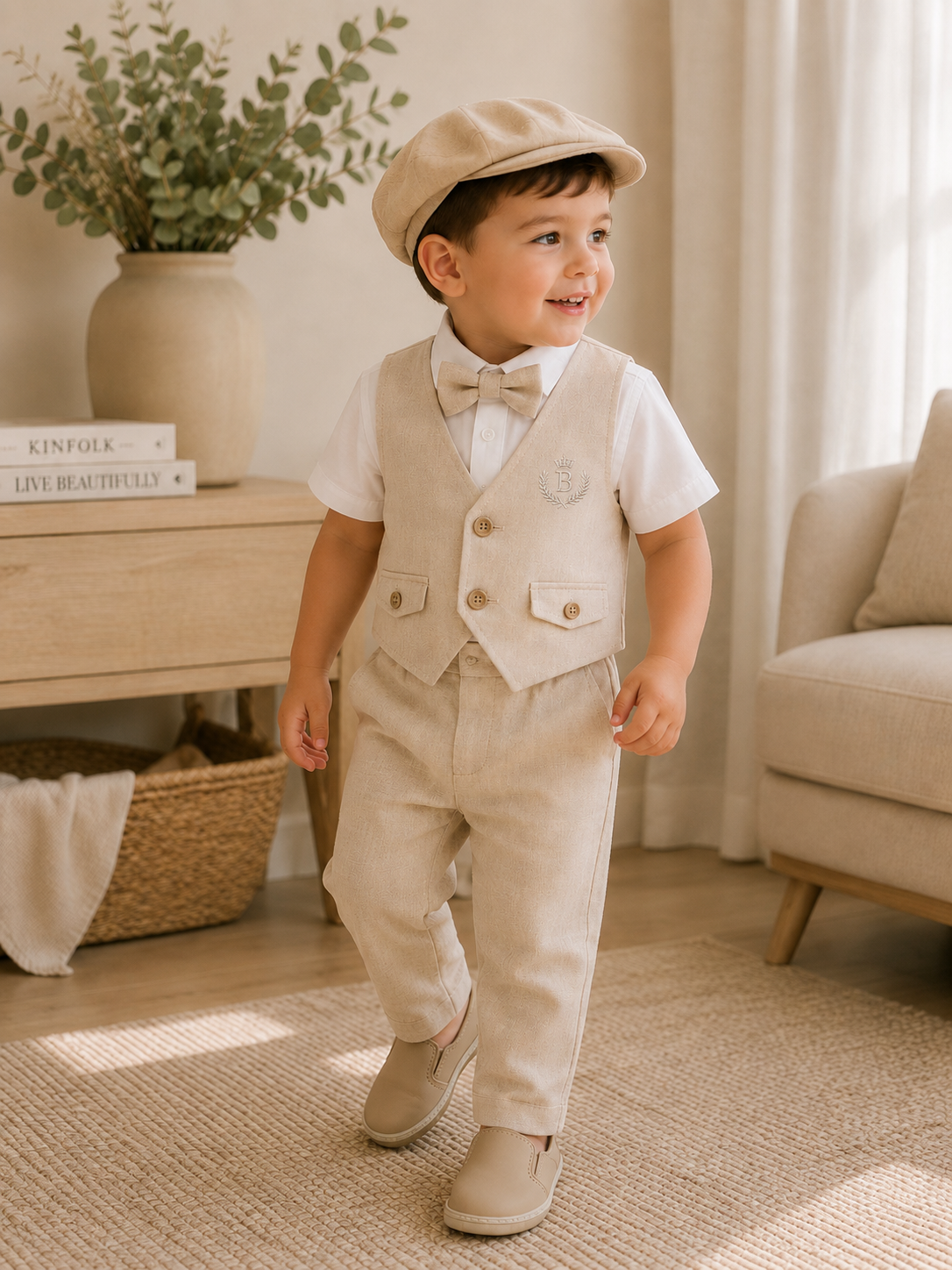 Conjunto formal con chaleco y boina en lino para bebé