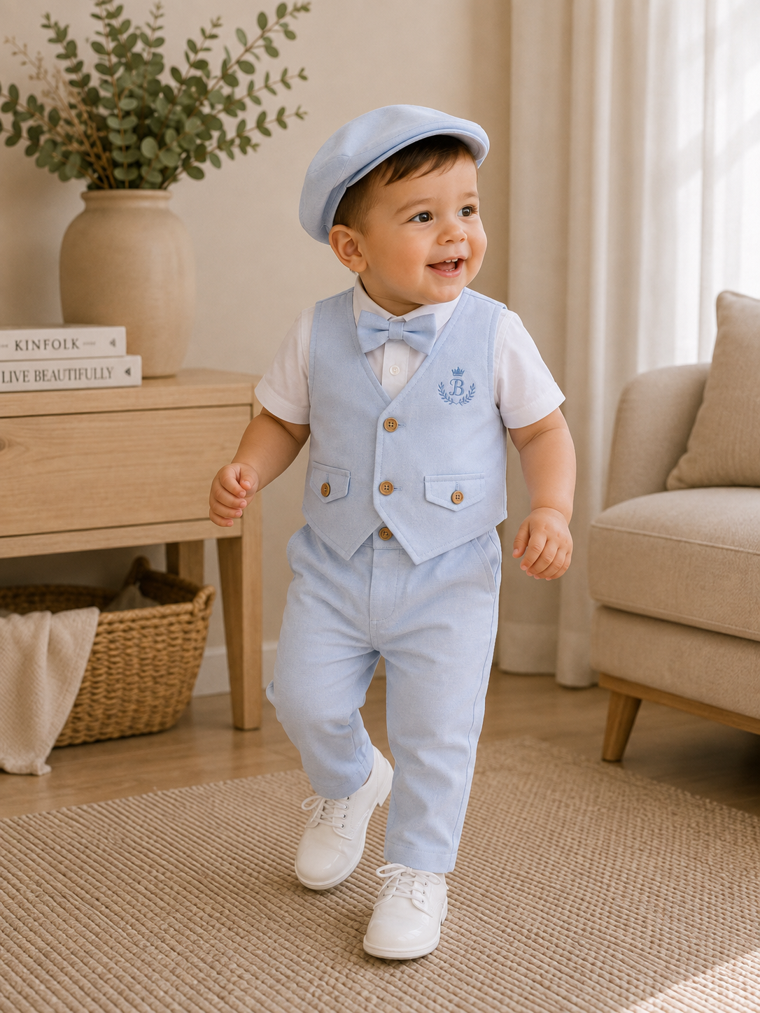 Conjunto formal con chaleco y boina en lino para bebé