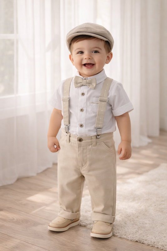 Conjunto formal con tirantes y boina