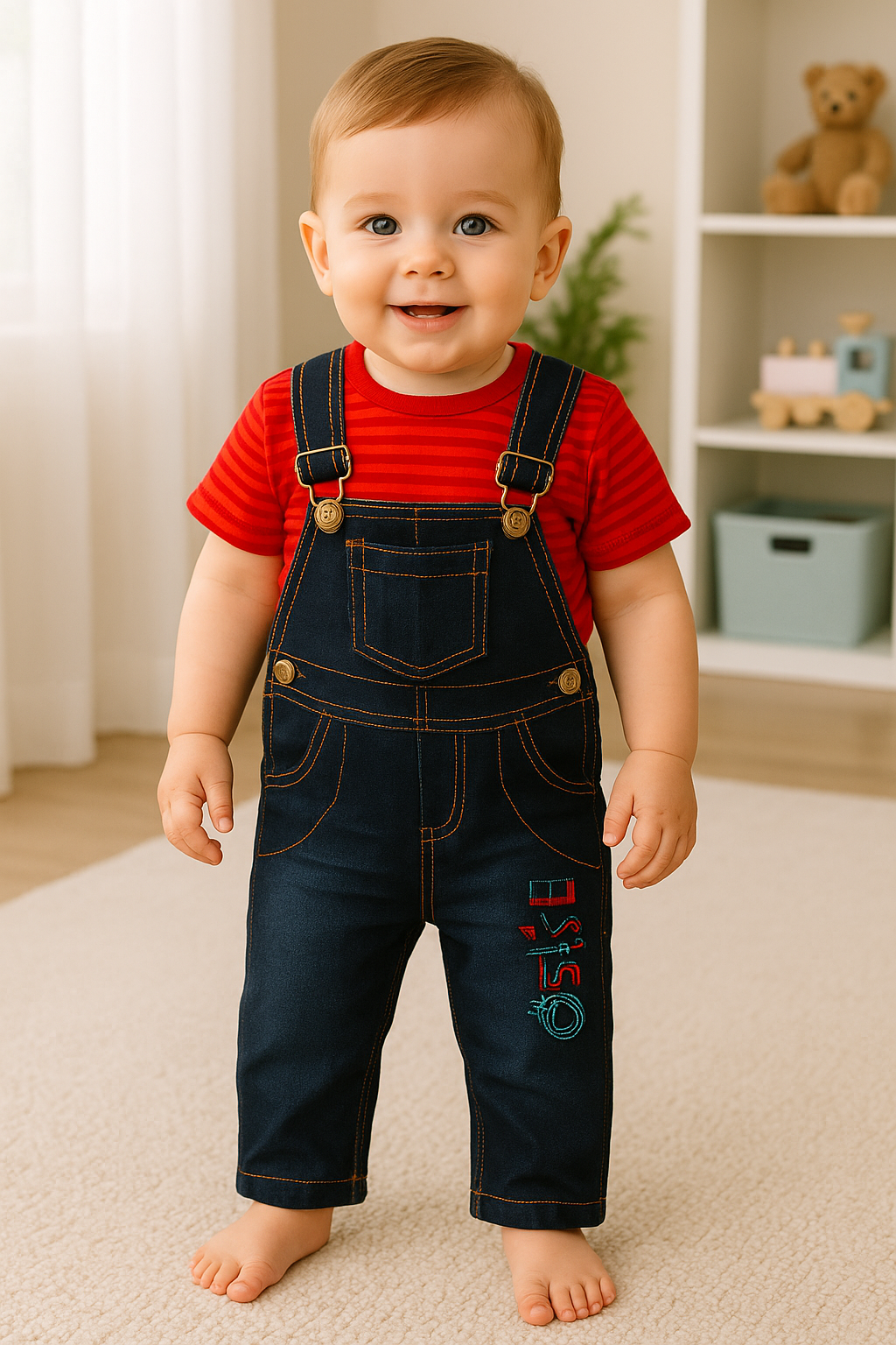 Overol en jean camiseta a rayas para bebé