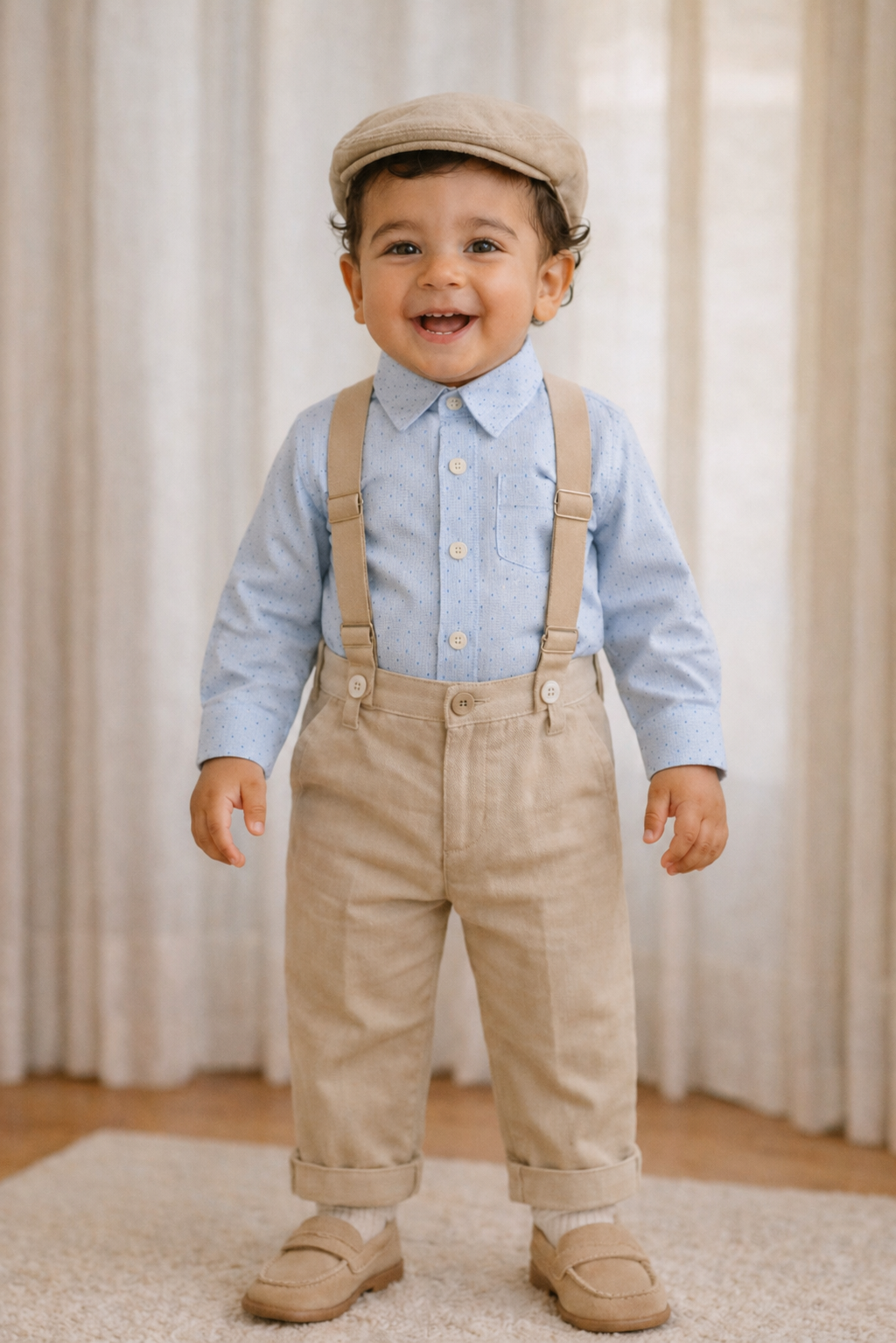 Conjunto formal tirantas y camisa con boina en lino