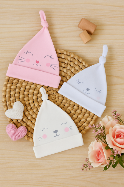 Paquete 3 gorritos unicolor estampados en algodón para bebé