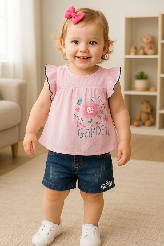 Conjunto blusón y short en jean para niña