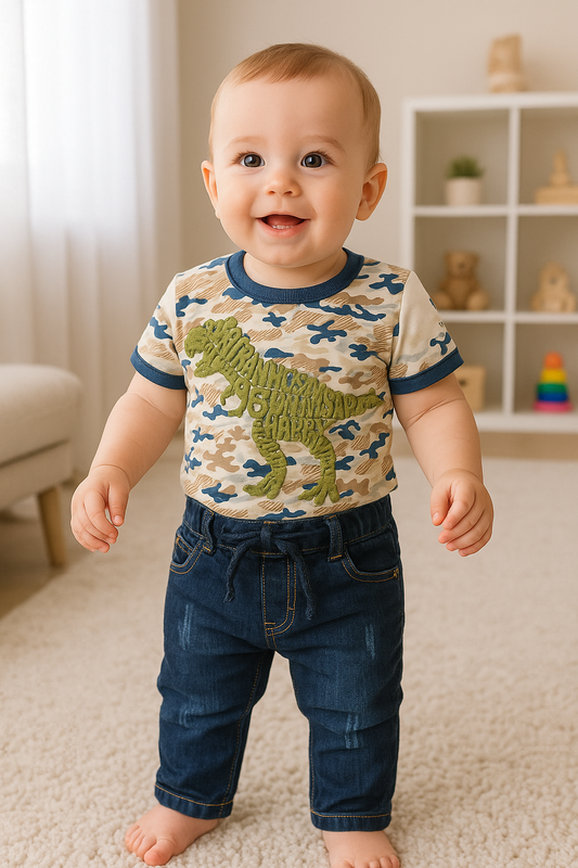 Conjunto camiseta con dinosaurio en relieve