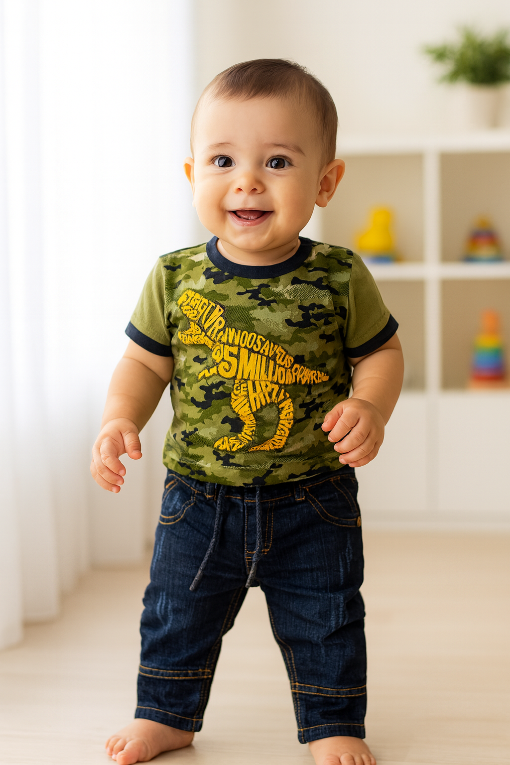 Conjunto camiseta con dinosaurio en relieve