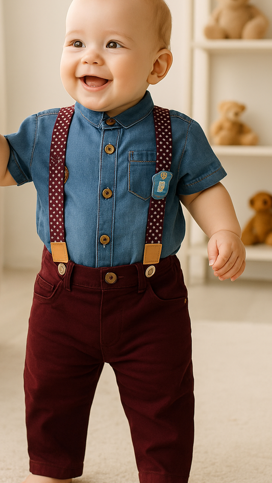Conjunto con tirantes camisa en jean cuello neru para niño
