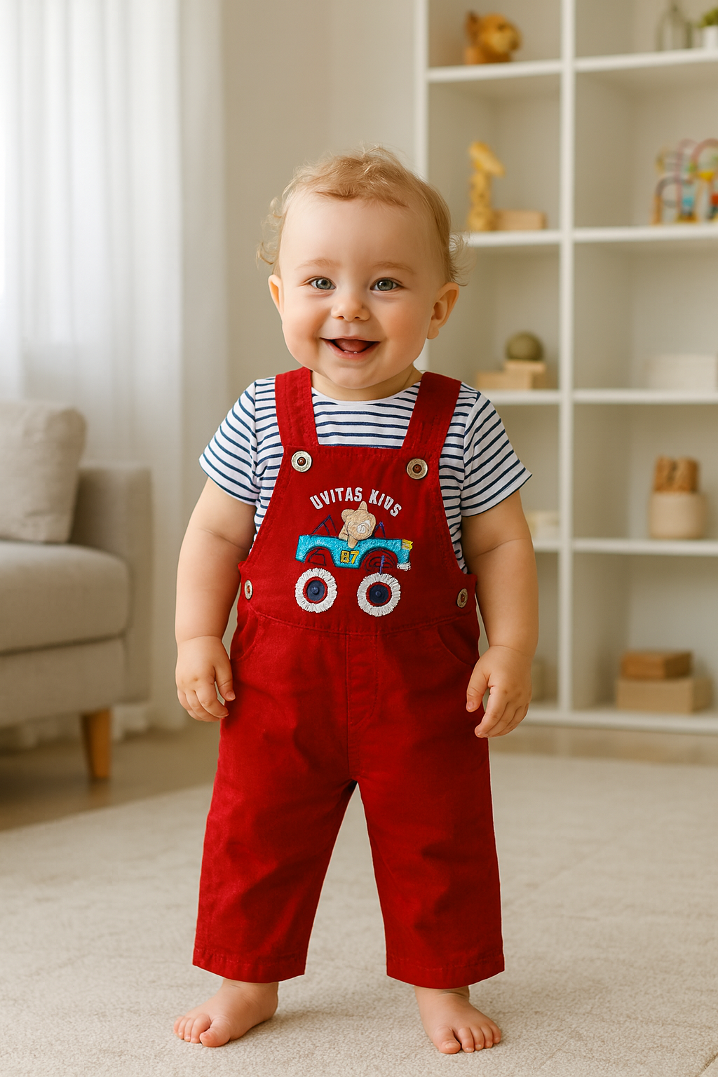 Overol bordado con camiseta a rayas para niño