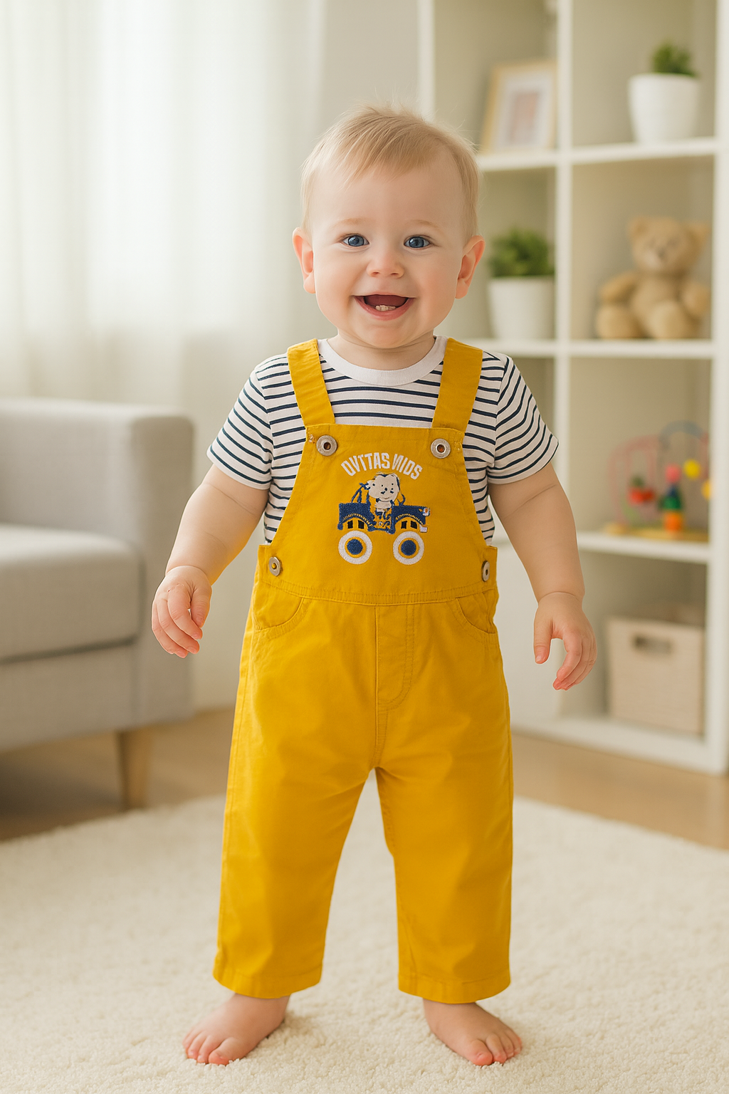 Overol bordado con camiseta a rayas para niño