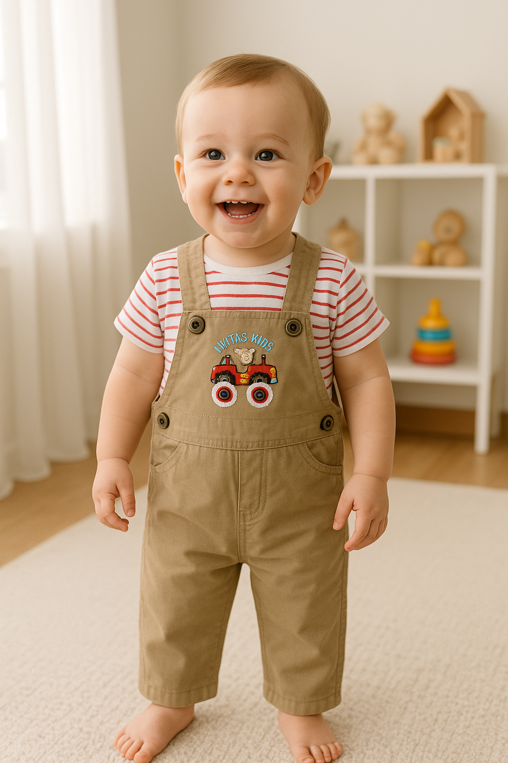 Overol bordado con camiseta a rayas para niño