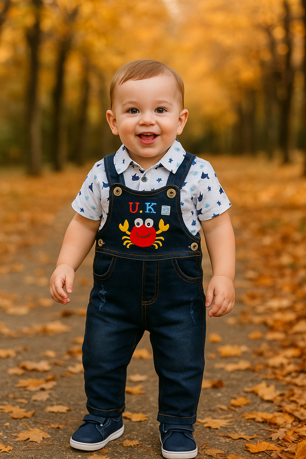 Overol en jean con cangrejito y camisa para niño