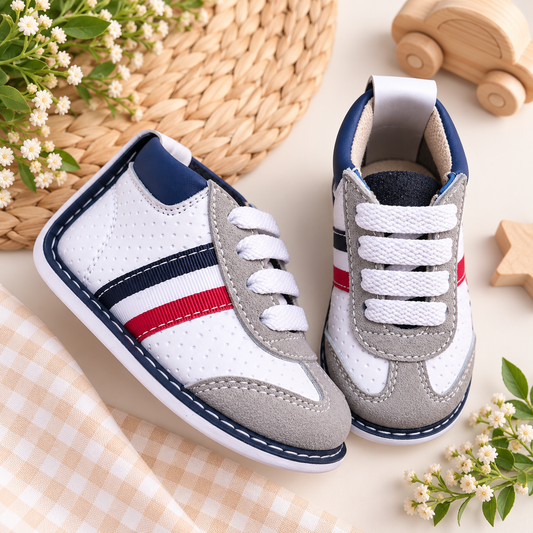 Tenis no tuerce blanco con azul y rojo para niño