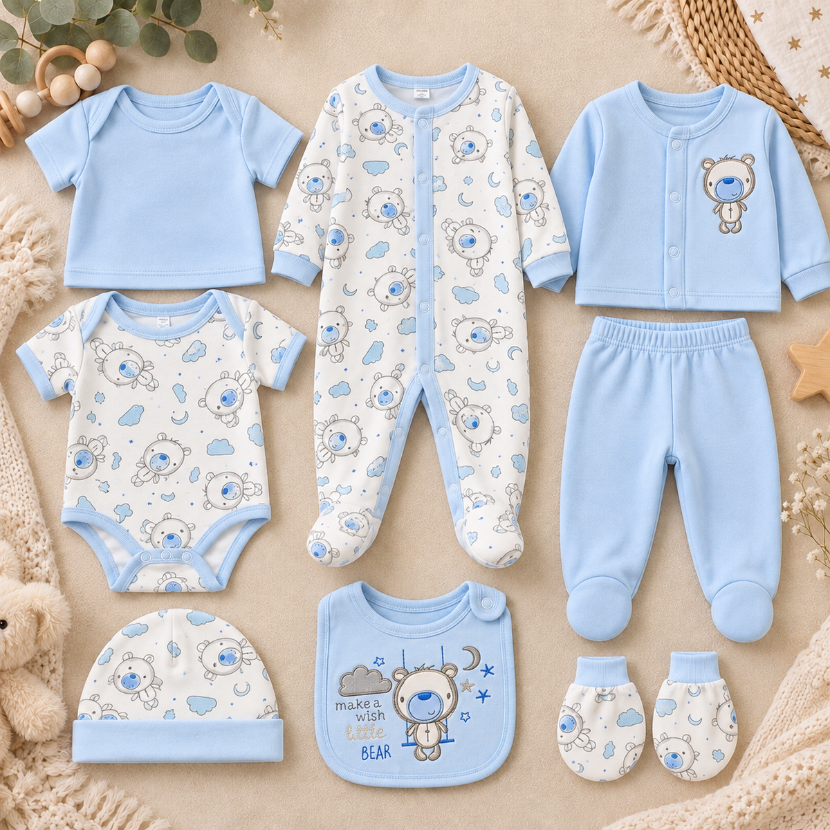 Primera muda 8 piezas estampada osito make a wish