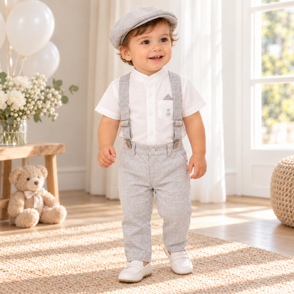 Conjunto formal cuello neru con tirantesboina en lino para niño