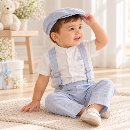 Conjunto formal cuello neru con tirantesboina en lino para niño