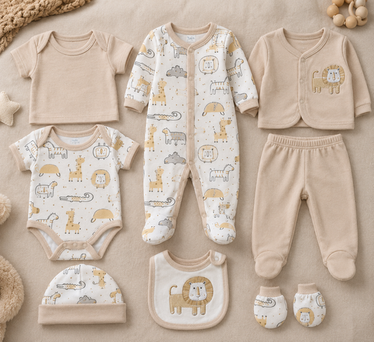 Primera muda 8 piezas estampada leoncito para bebé